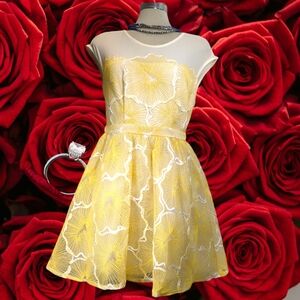 Luxury Maniju Yellow and Beige Lace  Flare Dress Size M